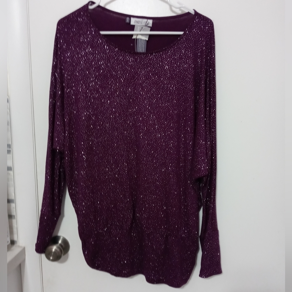 Jennifer Lopez Purple Sparkle drop sleeve Blouse Ruched Sides extended hem